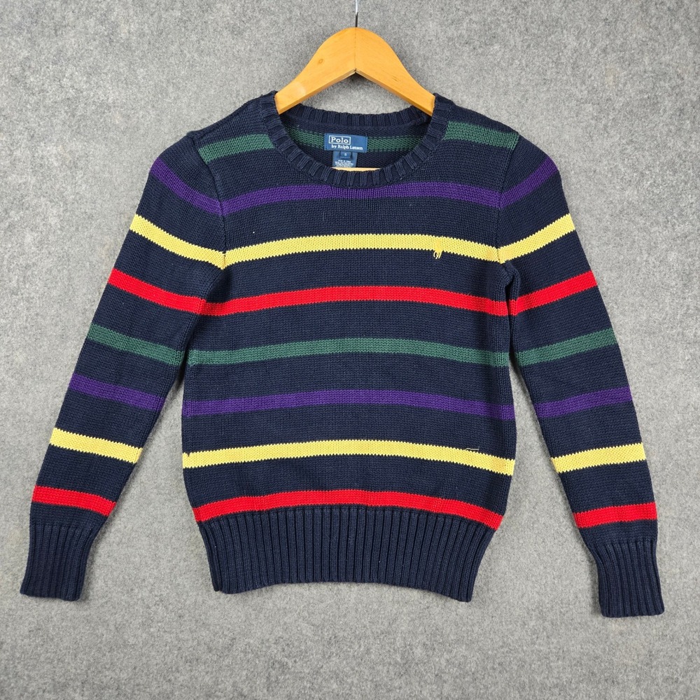 Polo Ralph Lauren Sweater Kids Small Navy Blue Multi Stripe Crewneck Knit Pony